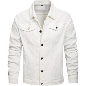 Men's Jean Jacket Distressed Slim Denim Jacket Long Sleeves Button Down White